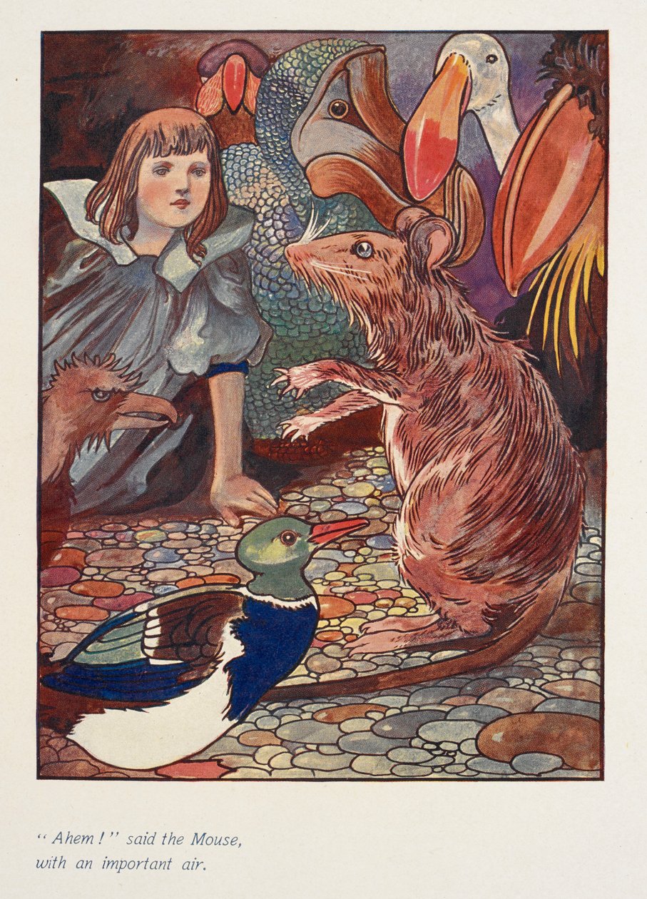 "Ahem - mondta az egér fontoskodóan.
Alice egy egérrel és más állatokkal. alkotó: Charles Robinson