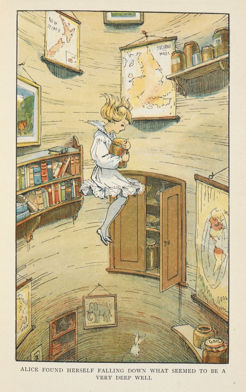 Alice azon kapta magát, hogy egy nagyon mélynek tűnő kútba zuhant. alkotó: Charles Robinson