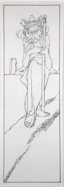 Jogot tartott a kezében, és koronát hordott a homlokán, illusztráció a „Tündérország igazi évkönyvei – Herla király uralkodása, J. M. Dent 1900-ban megjelent könyvéből (toll és tinta) alkotó: Charles Robinson