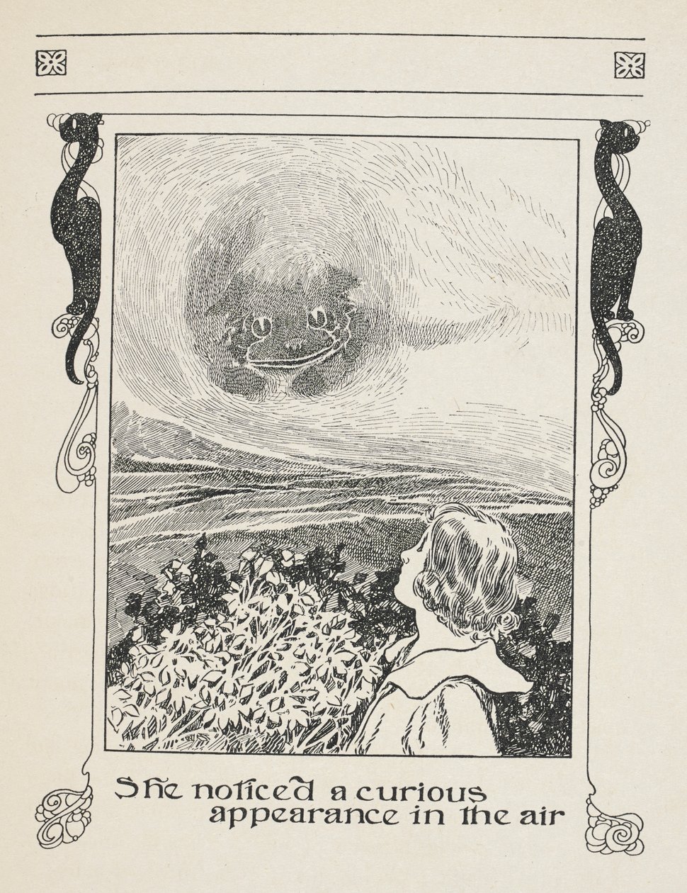 Furcsa jelenséget vett észre a levegőben.
Alice és a cheshire-i macska. alkotó: Charles Robinson