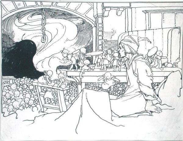 The Furious Host, illusztráció a „Tündérország igazi évkönyvei – Az öreg király uralkodása” című könyvéből, J. M. Gibbon szerkesztette, 1901-ben (toll, tinta és monokróm akvarell papíron) alkotó: Charles Robinson