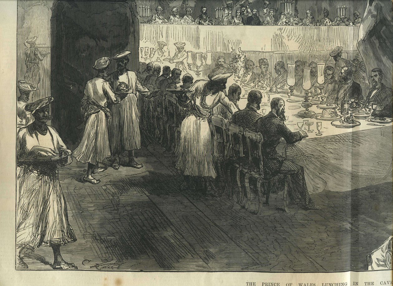 A walesi herceg ebédel az Elephanta-barlangokban alkotó: Charles Robinson