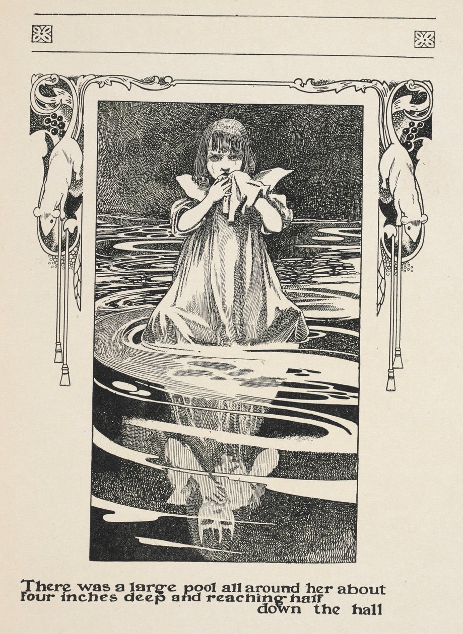 Körülötte egy nagy pocsolya volt, körülbelül tíz centi mély, és a folyosó feléig ért.
Alice sírt n a poool a könnyek. alkotó: Charles Robinson