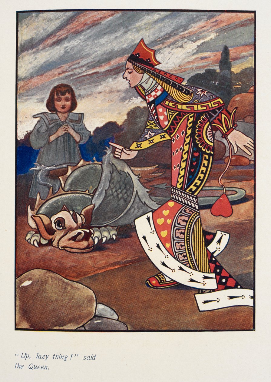 "Fel a lustasággal - mondta a királynő.
Alice és a piros kőr királynő. alkotó: Charles Robinson