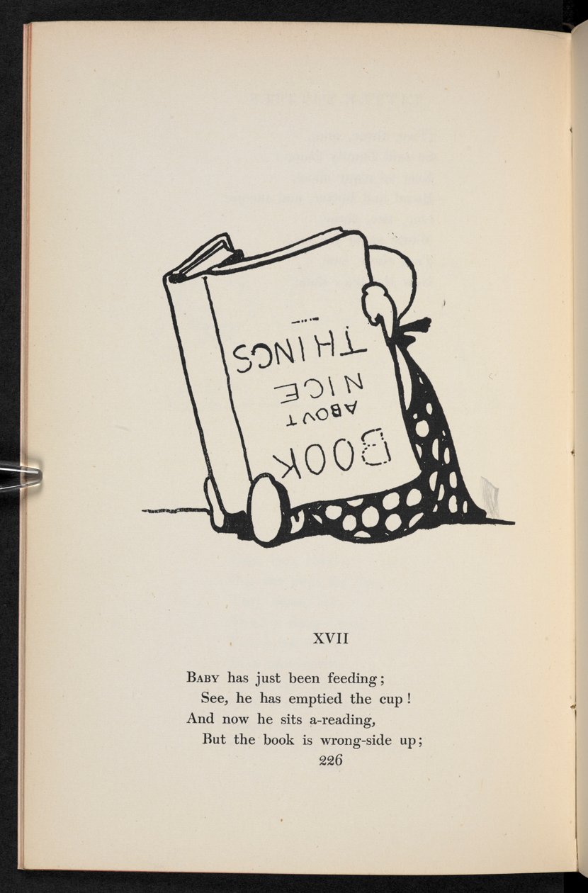 XVII.
Egy rím. Egy gyermek fejjel lefelé olvas egy könyvet. alkotó: Charles Robinson
