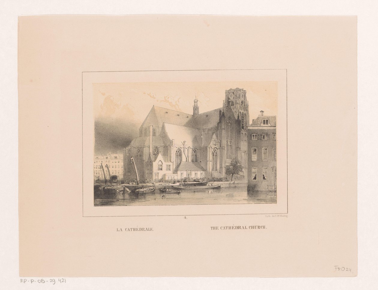 Kilátás a Grote-ra vagy a Sint-Laurenskerkre Rotterdamban La cathedrale / A katedrális templom (cím a tárgyon) Vues et monuments de la ville de Rotterdam / Rotterdam városának kilátásai és műemlékei (sorozat címe) alkotó: Charles Rochussen