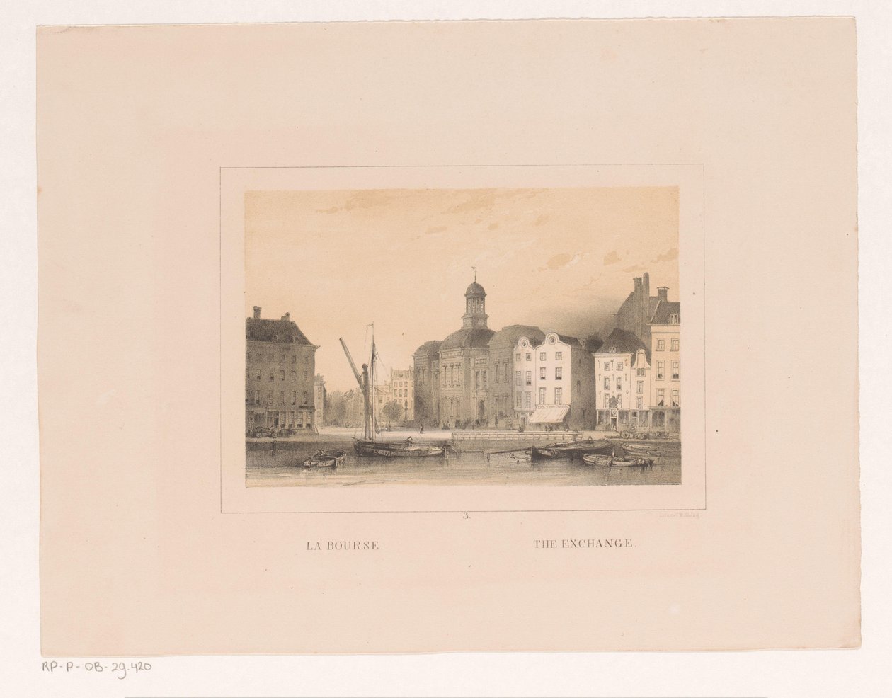 Kilátás a rotterdami tőzsdére La bourse / A csere (cím a tárgyon) Vues et monuments de la ville de Rotterdam / Rotterdam városának kilátásai és műemlékei (sorozat címe) alkotó: Charles Rochussen