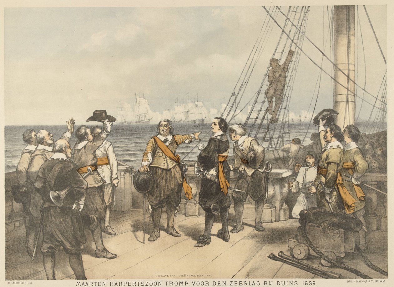Maarten Tromp a duinsi csata kezdete előtt, 1639 Maarten Harpertszoon Tromp, az 1639-es duinsi tengeri csata előtt (cím a tárgyon) alkotó: Charles Rochussen