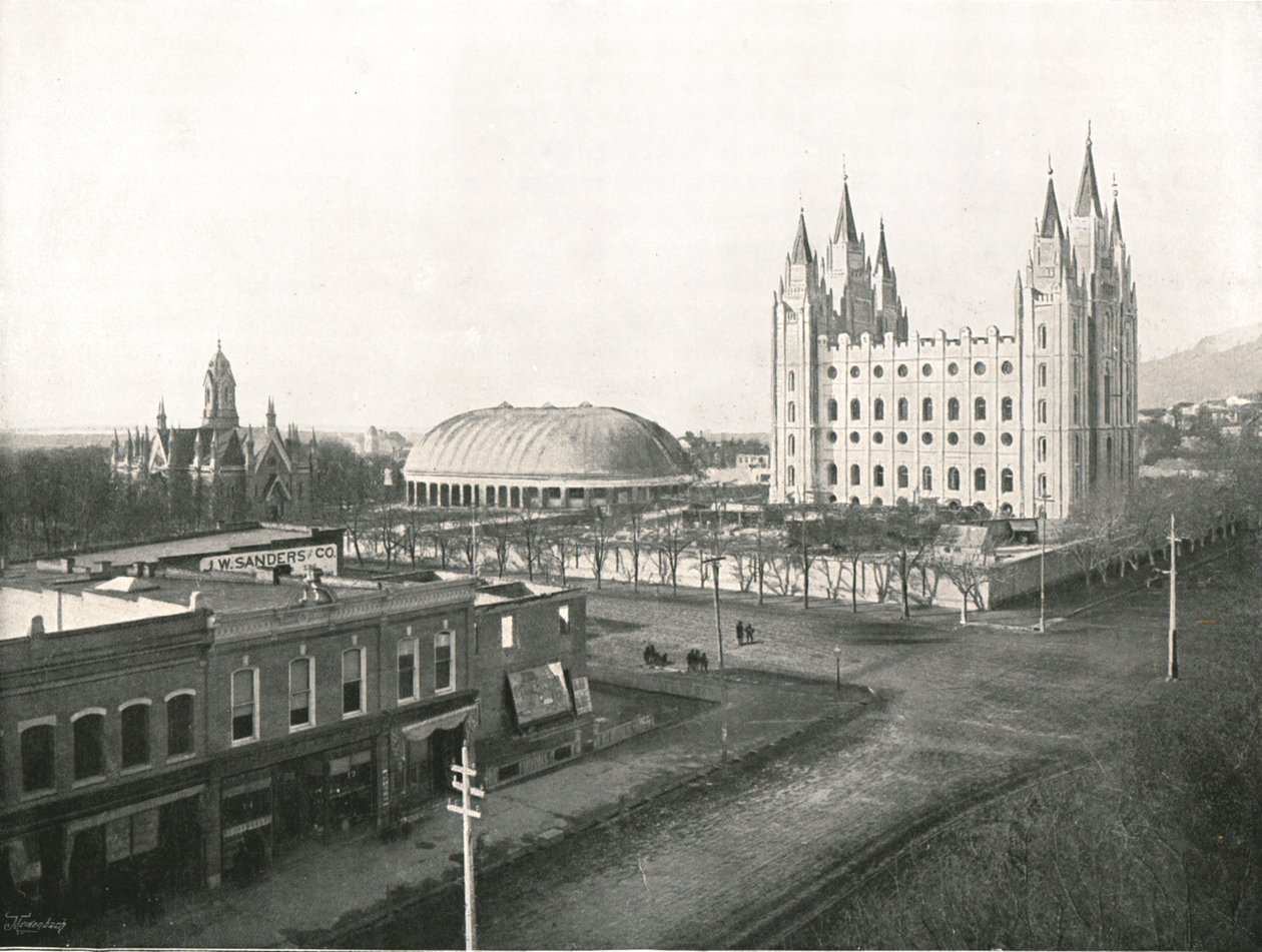 Az Assembly Hall, Tabernákulum és Mormon Templom, Salt Lake City, USA, 1895. alkotó: Charles Roscoe Savage
