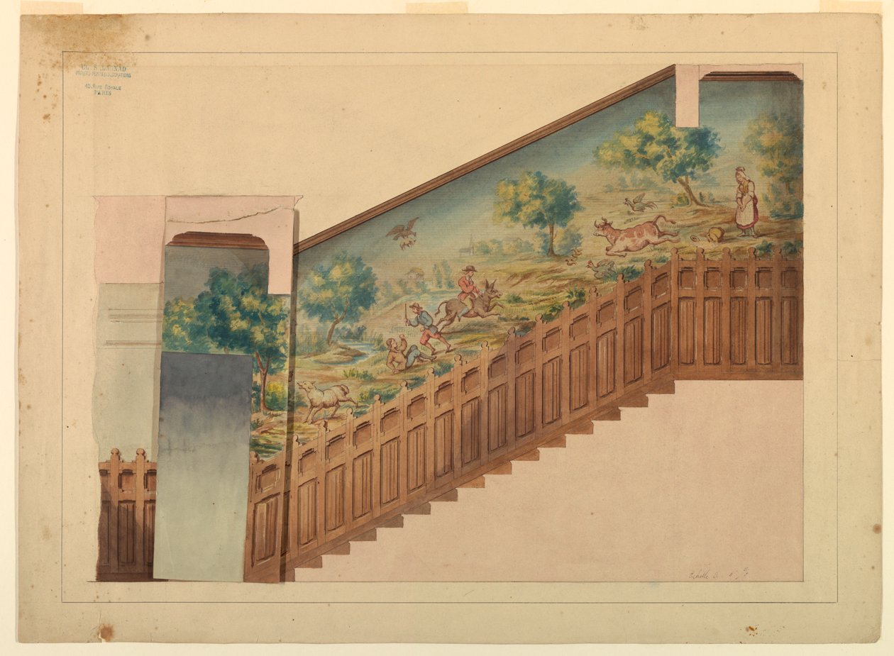 Tervezés fedőréteggel a lépcsőház egy részének Château-sur-Mer-ben, Newport, Rhode Island alkotó: Charles Salagnad, French