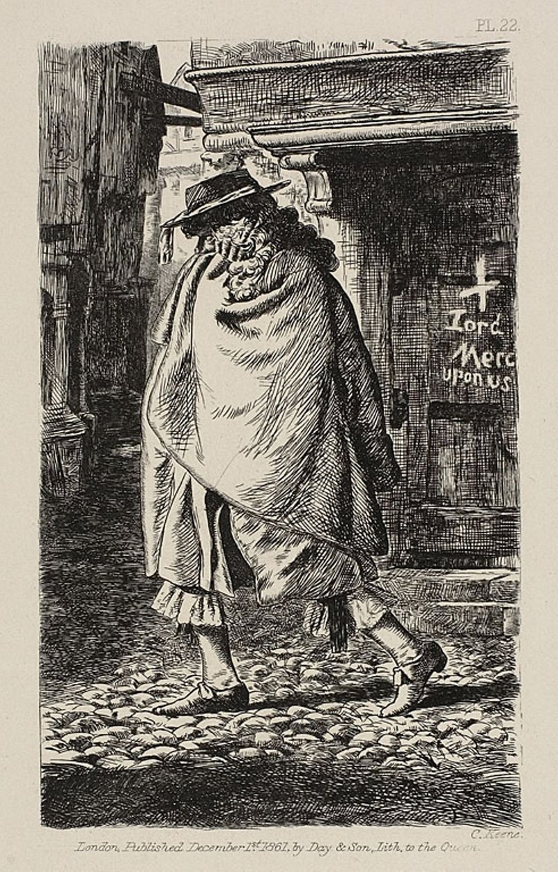 Egy köpenyes alak áthalad az utcán (a pestisjárvány idején Londonban) alkotó: Charles Samuel Keene