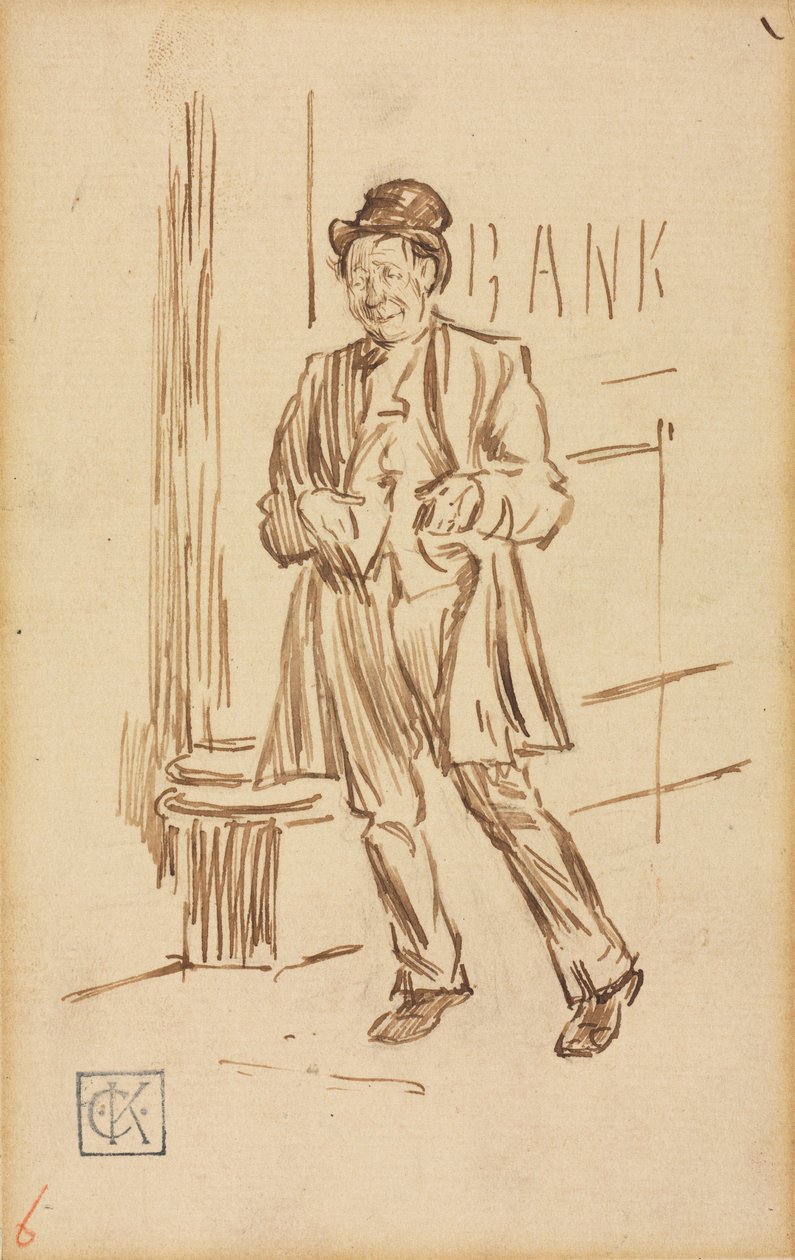Tanulmány egy részeg férfiról, aki elhalad a bankon. alkotó: Charles Samuel Keene