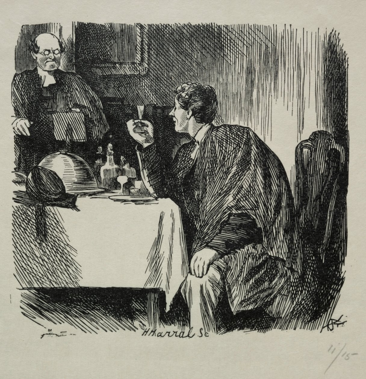 Tomkins Degree Supper és hogyan végződött, 1868. alkotó: Charles Samuel Keene