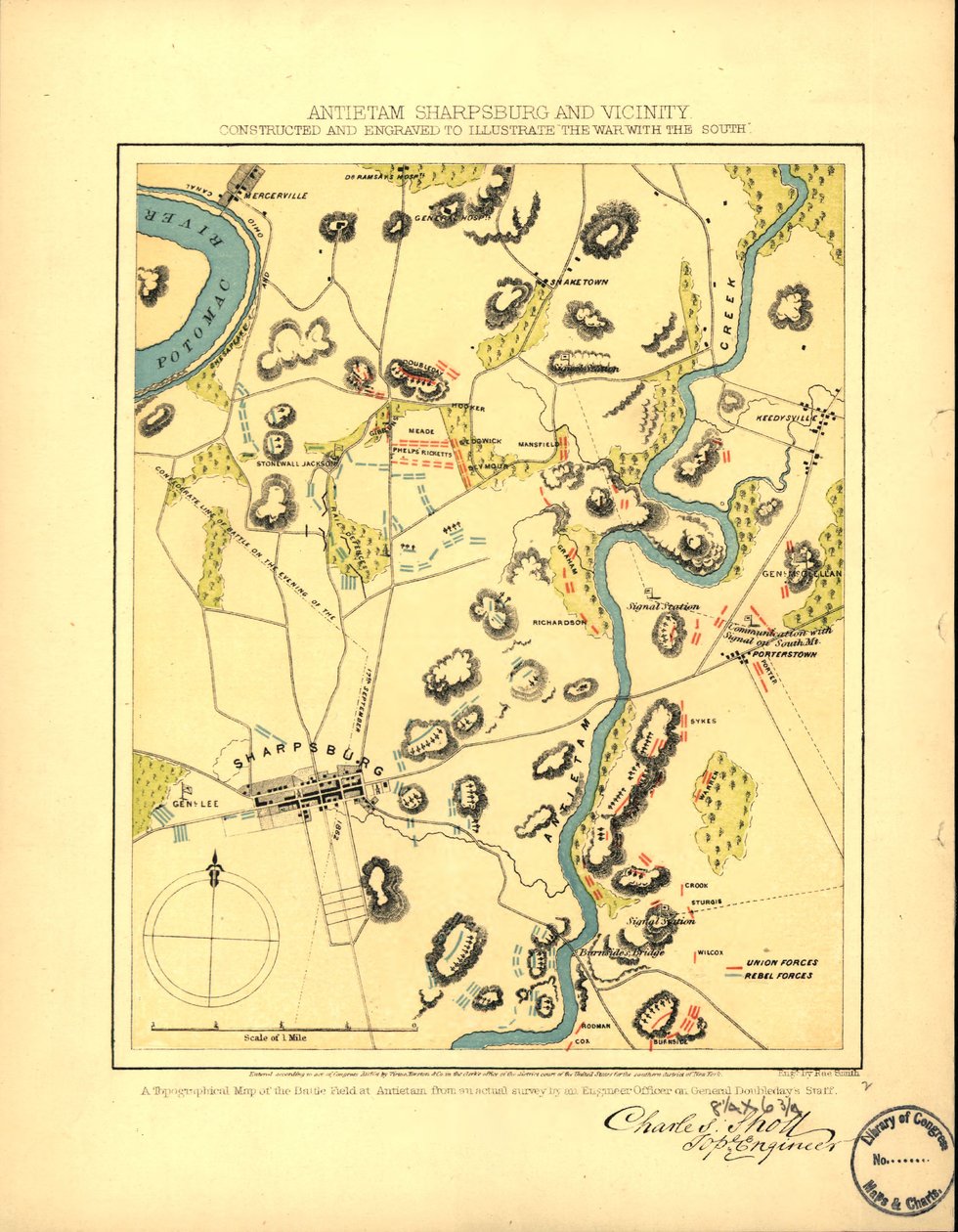 Antietam Sharpsburg és környéke. Készült és metszett "A háború a Déllel" című könyv illusztrálására LOC 99447381 alkotó: Charles Sholl