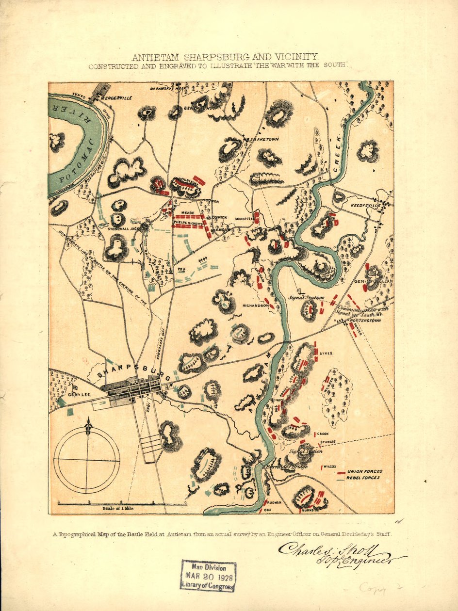 Antietam Sharpsburg és környéke. Készült és metszett "A háború a Déllel" című könyv illusztrálására LOC 99466713 alkotó: Charles Sholl