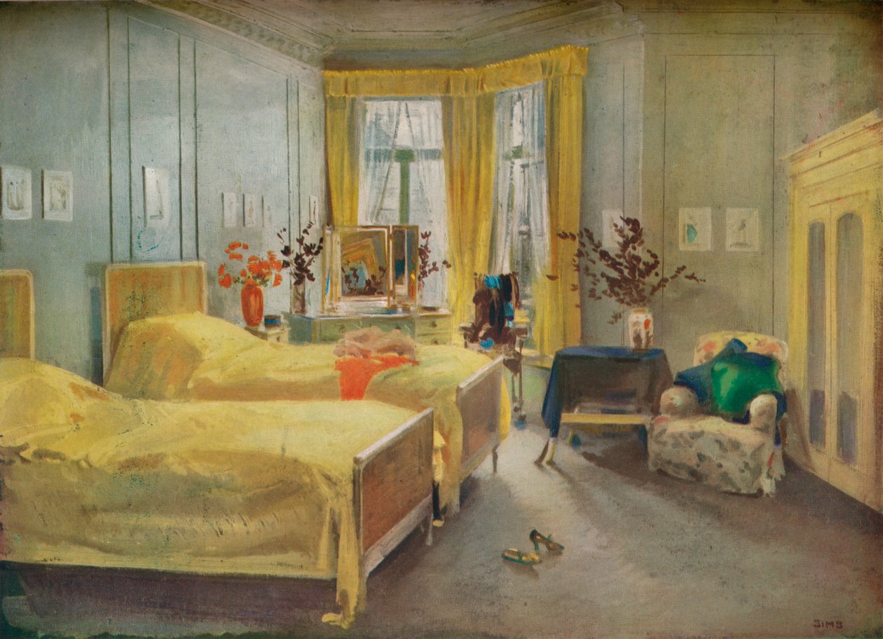 Egy belső jelenet: egy hálószoba, amelyet Mme tervezett. Gloria Silva a Hotel Metropole-ban, London, 1922 alkotó: Charles Sims
