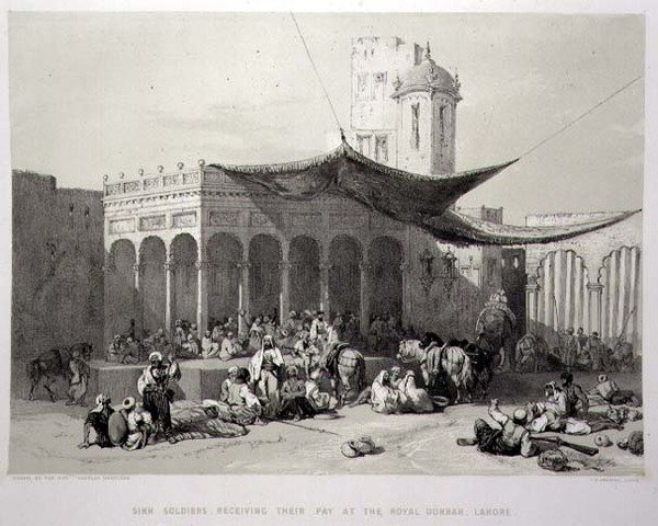 Panjab: A szikh katonák fizetésüket a Royal Durbarban, Lahore, 12. tábla az „India visszaemlékezéseiből”, James Duffield Harding (1798-1863) metszet, 1847 (litho) alkotó: Charles Stewart (after) Hardinge