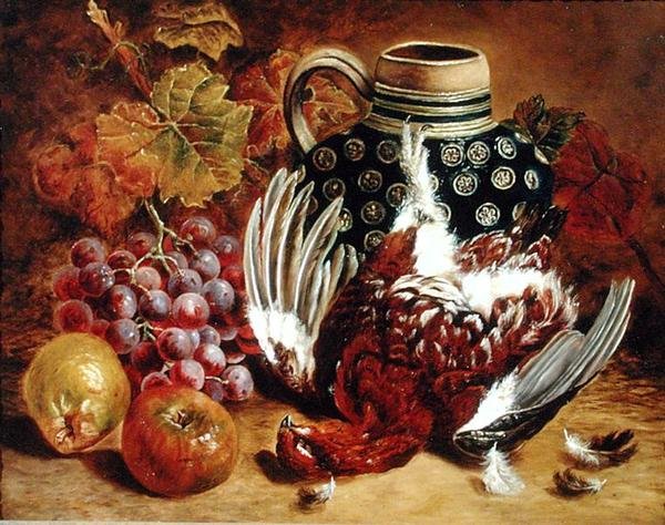 Szőlőcsendélet, alma, dögfajd és kék kancsó (olaj, vászon) alkotó: Charles Thomas Bale
