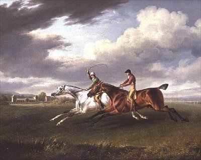 Két versenyló, zsokékkal, gyakorolnak egy tájképben (olaj, vászon) alkotó: Charles Towne