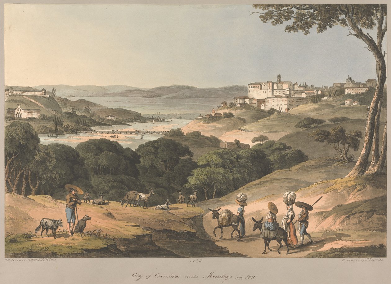 3. szám: Coimbra városa a Mondego-folyó partján, 1810-ben alkotó: Charles Turner