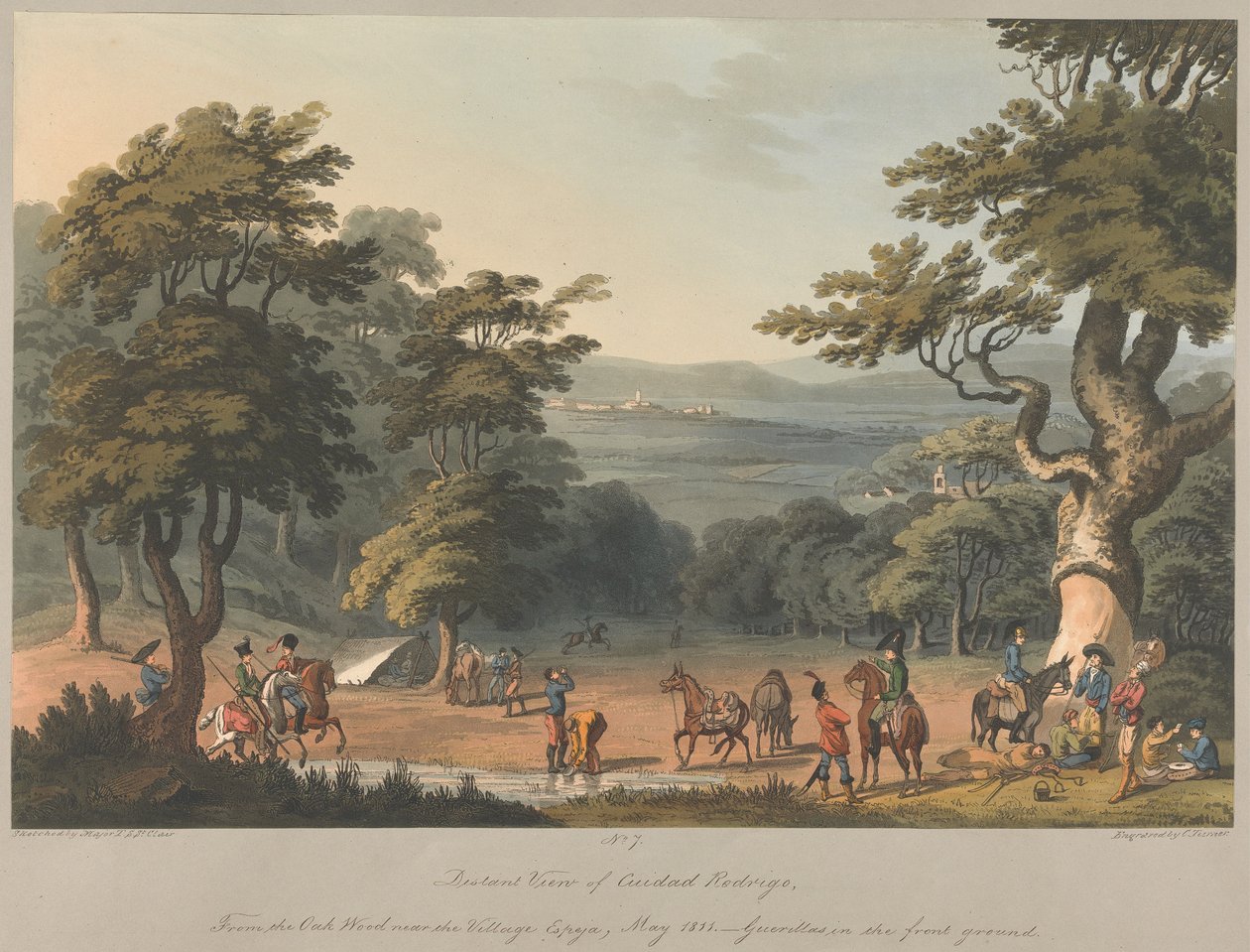 7. sz. Távoli kilátás Cuidad Rodrigo városára az Espeja falu közelében lévő tölgyesből, 1811. március alkotó: Charles Turner