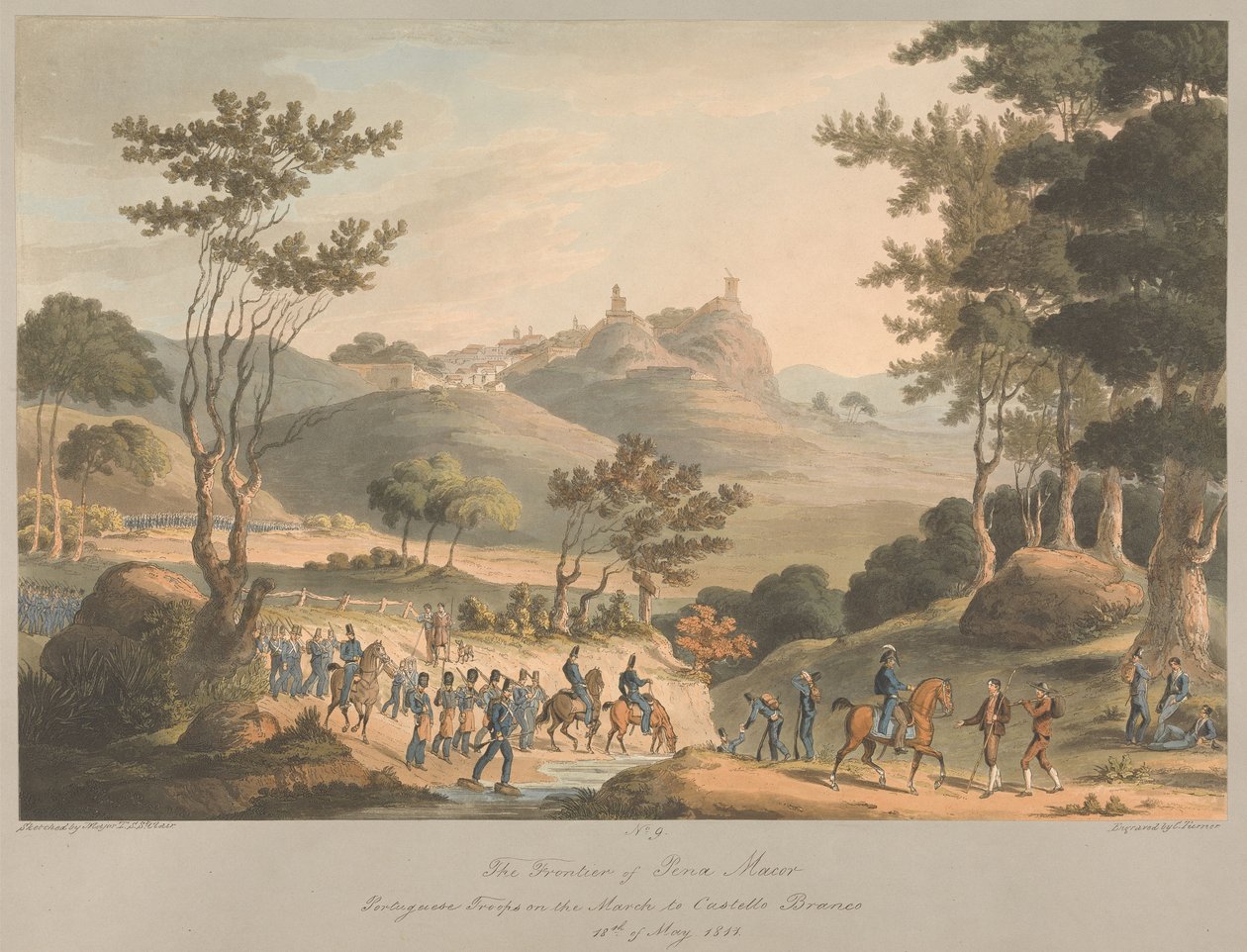 9. szám: Pina Macor határvidéke. Portugál csapatok menetelése Costello Branco felé, 1811. május 18. alkotó: Charles Turner