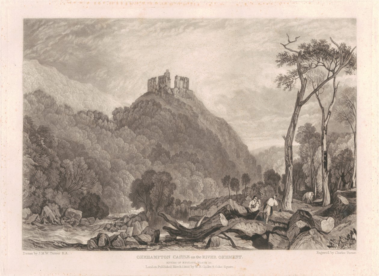Az Okement-folyó partján álló Okehampton-kastély alkotó: Charles Turner