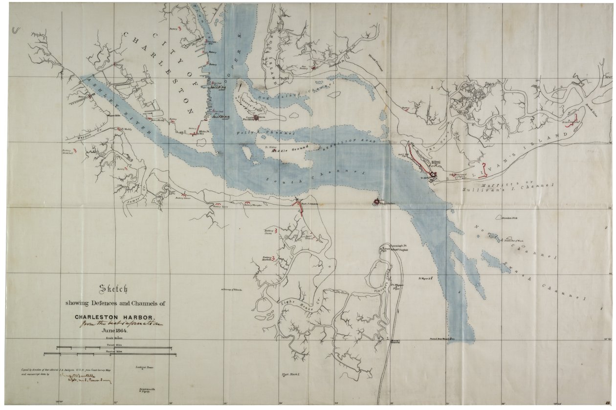 Vázlat a Charleston Harbour védelméről és csatornáiról, 1864. június (tinta olajszöveten) alkotó: Charles V. Bartelle