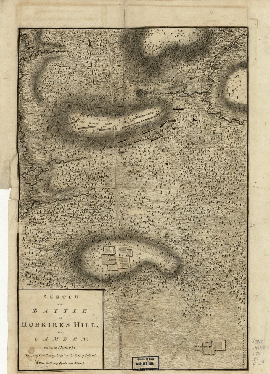 Vázlat a Hobkirks Hill-i csatáról, Camden közelében, 1781. április 25-én, közzétéve Londonban, 1794 alkotó: Charles Vallancey