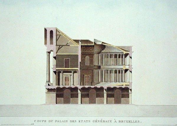 A brüsszeli Palais des Etats Generaux keresztmetszete Pierre Jacques Goetghebuer „Válogatás a Holland Királyság legfigyelemreméltóbb műemlékeiből, épületeiből és házaiból”, 1827-ben (akvatinta) (lásd még: 189230) alkotó: Charles Vander Straeten