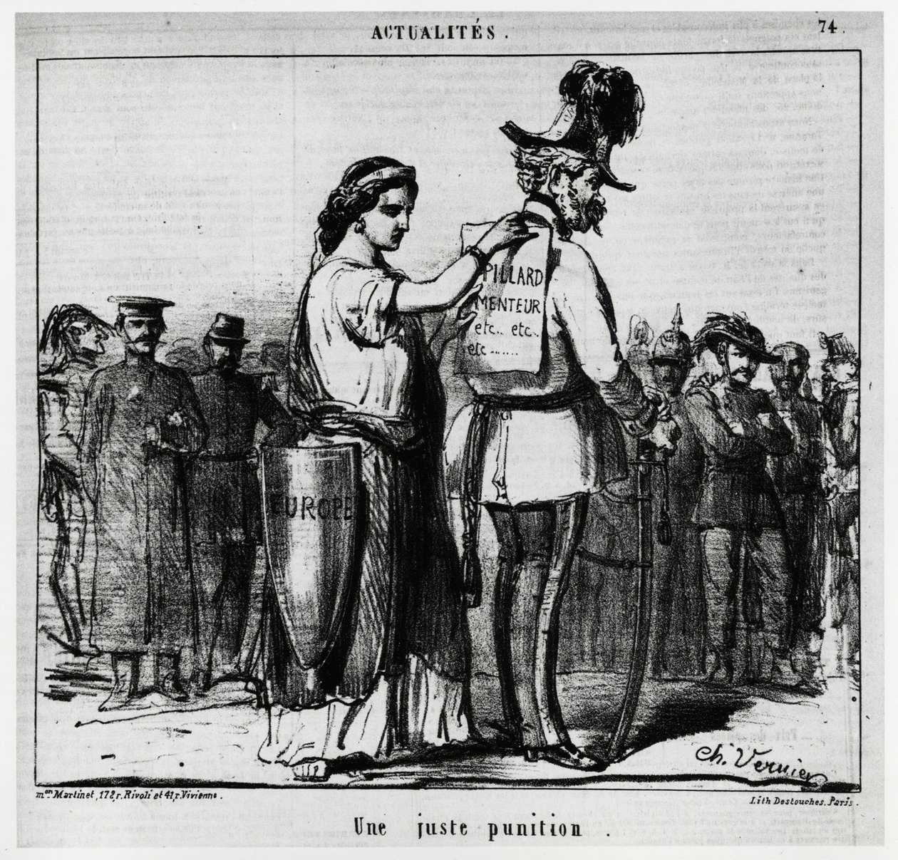 Méltányos büntetés: Európa egy „pillard, liar, etc” feliratú táblát ragaszt egy osztrák egyenruhát viselő, bajuszos és kedvenceket viselő szereplő hátára (I. Ferenc József osztrák császár 1830-1916). Charles Vernier illusztrációja (1 alkotó: Charles Vernier