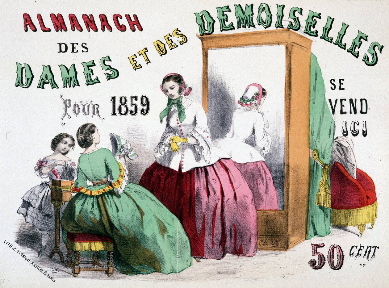 Reklámplakát a Hölgyek és Hölgyek Almanachjához 1859-re (fiatal lányok rongyokat beszélnek egy jégszekrény előtt), 50 cent alkotó: Charles Vernier