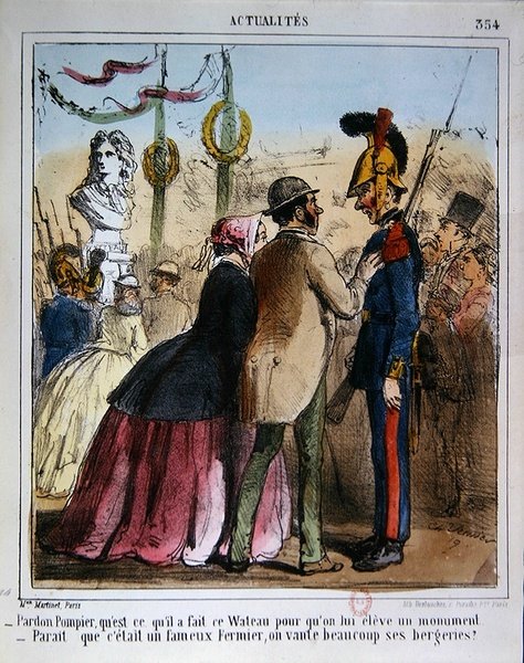 Rajzfilm, amely a Watteau emlékszobor felállítását gúnyolja, 1870 körül (színes litó) alkotó: Charles Vernier