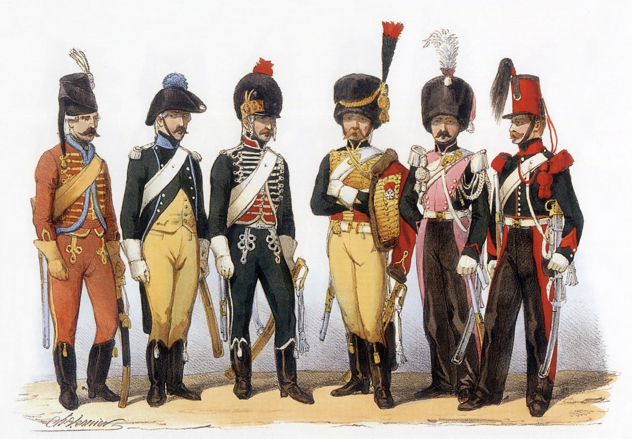 A francia hadsereg jelmezei: Lancers g-d: 1745 iratvadász (XV. Lajos alatt); 1785-ben XVI. Lajos alatt; 1794 köztársaság; 1810 birodalmi gárda (1. birodalom); 1824 királyi őrség (helyreállítás); 1840, Charles Vernier (1831-1887) rajza. alkotó: Charles Vernier