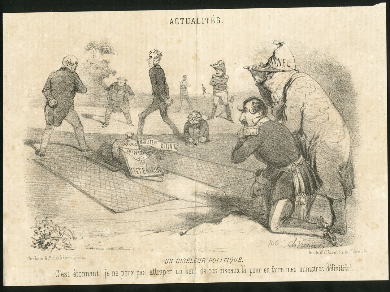 Illusztráció: Charles Vernier (? -1887) Le Charivariban - Politikai madarász - köztársasági elnök, belügyminiszter - Thiers Adolphe, III. Napóleon, Faucher Leon (1803-1854) - Portfólió alkotó: Charles Vernier