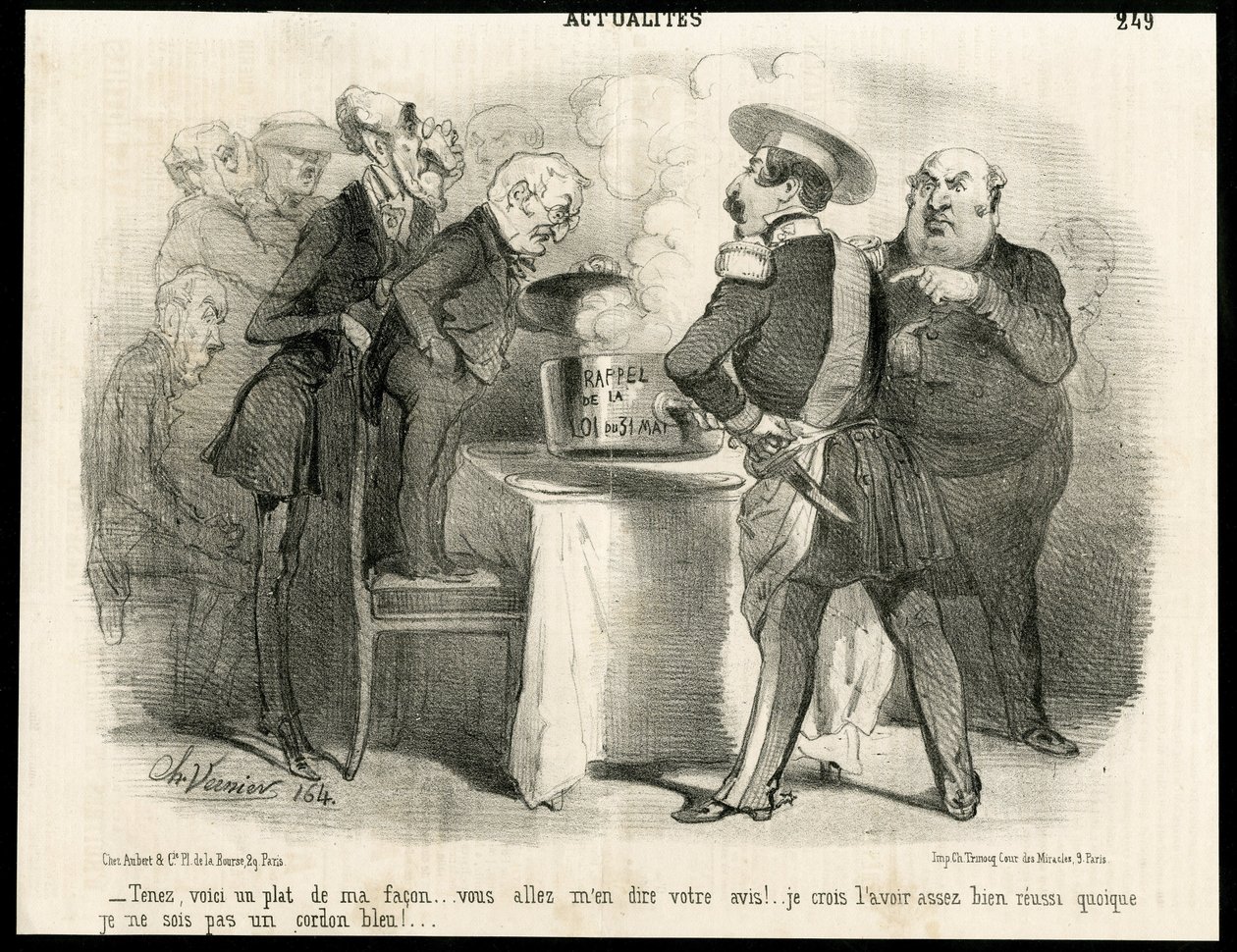 Illusztráció: Charles Vernier (? -1887) Le Charivariban, 1851-11 körül - Emlékeztető az 1850. május 31-i törvényre - Választások, köztársasági elnök, méret, törvény, szavazati jogok - Thiers Adolphe, III. Napóleon, Dupin Andre- Marie the Dupin