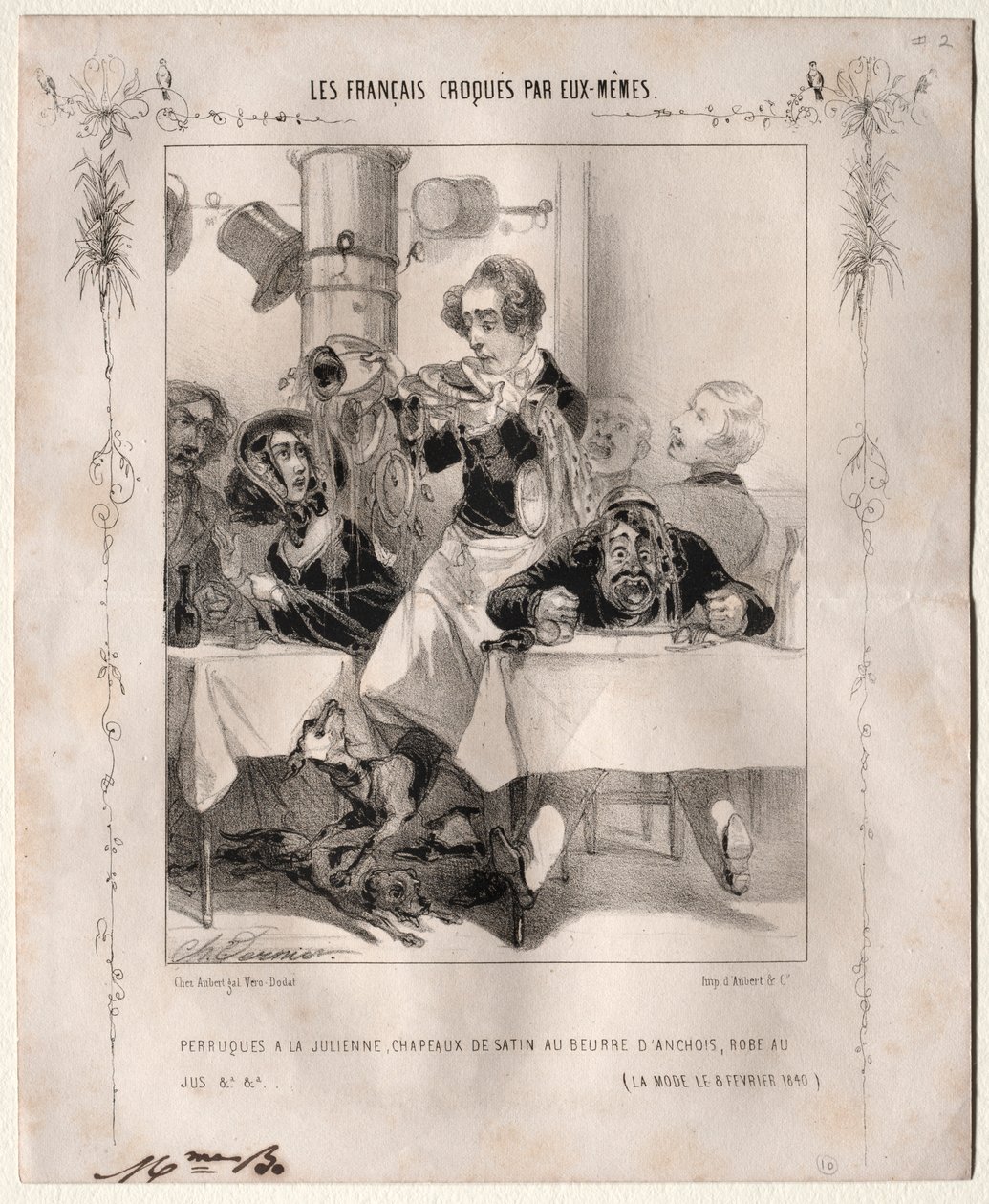 A franciákat maguk vázolták fel: Parókák a la Julienne, Szatén kalapok, 1840. alkotó: Charles Vernier