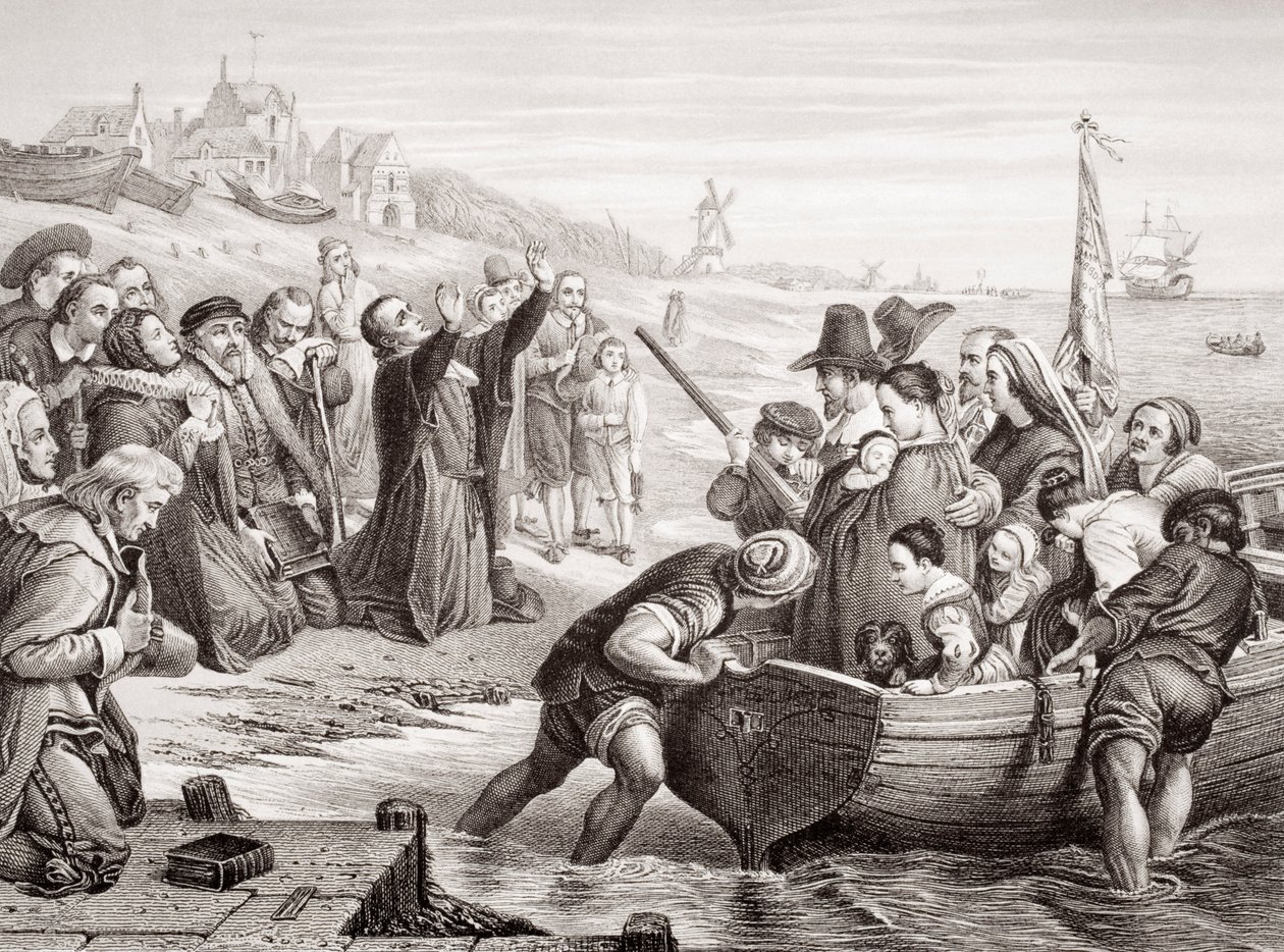 A zarándokatyák indulása Delft Havenből 1620 júliusában, az „Illustrations of English and Scottish History” I. kötetből (metszet) alkotó: Charles West Cope