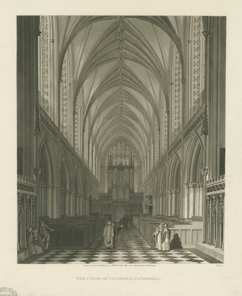 Lichfield katedrális belseje - Kórus: akvatinta metszet alkotó: Charles Wild