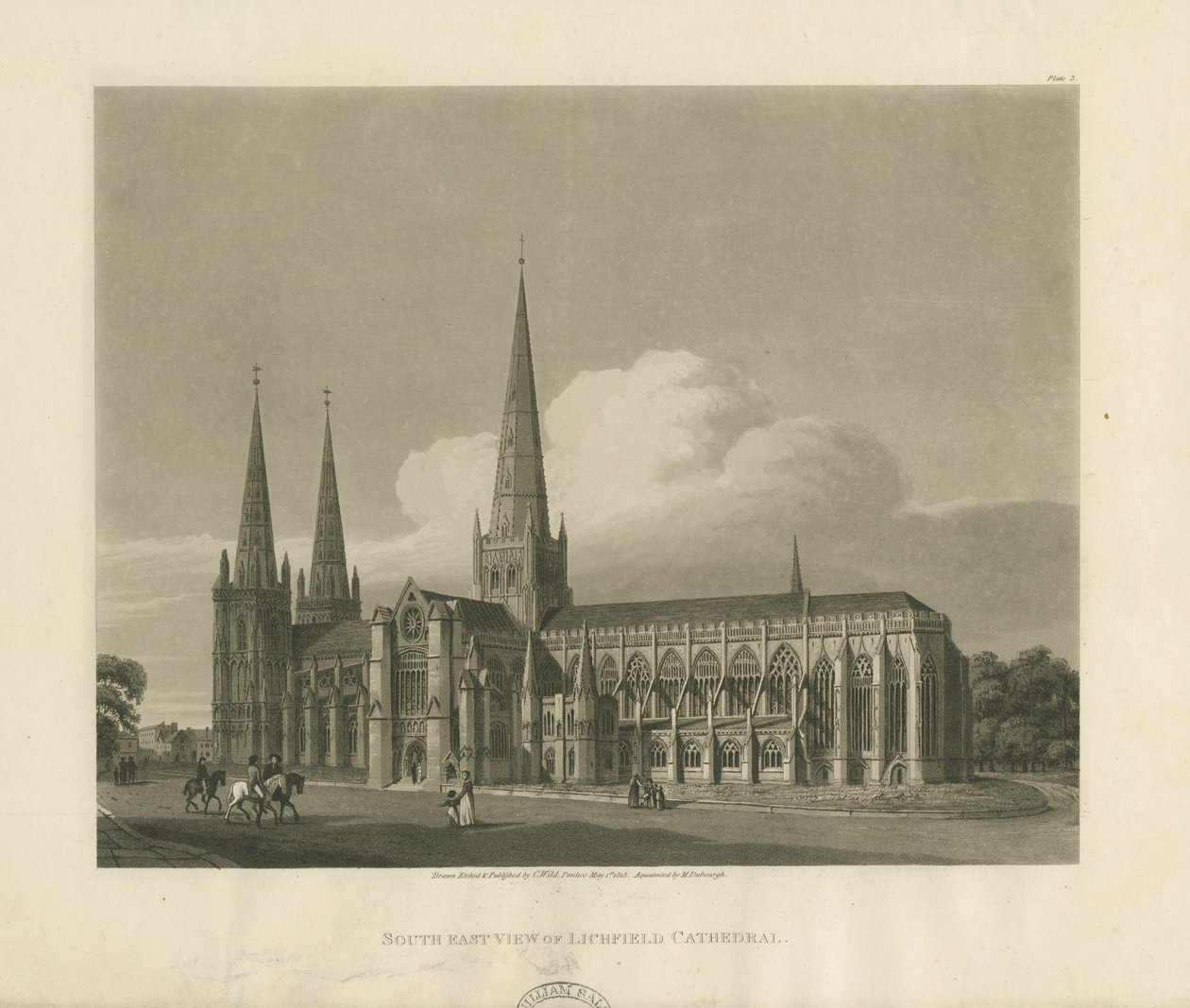Lichfield katedrális – Délkeleti nézet: akvatinta metszet, 1813 alkotó: Charles Wild