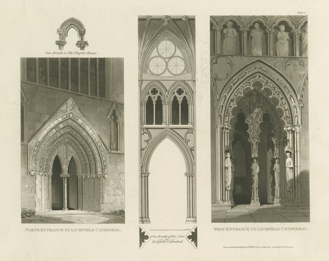 Lichfield katedrális – nyugati bejárat, északi bejárat és hajó: akvatinta metszet alkotó: Charles Wild