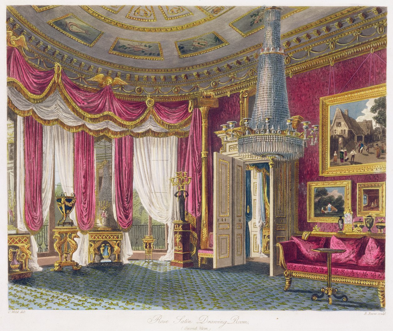 Rose Satin Drawing Room (második nézet) Carlton-ház, R. Reeve (fl.1811-37) metszete a William Henry Pyne (1769-1843) kocsma "A királyi rezidenciák története" című művéből. 1818 alkotó: Charles Wild