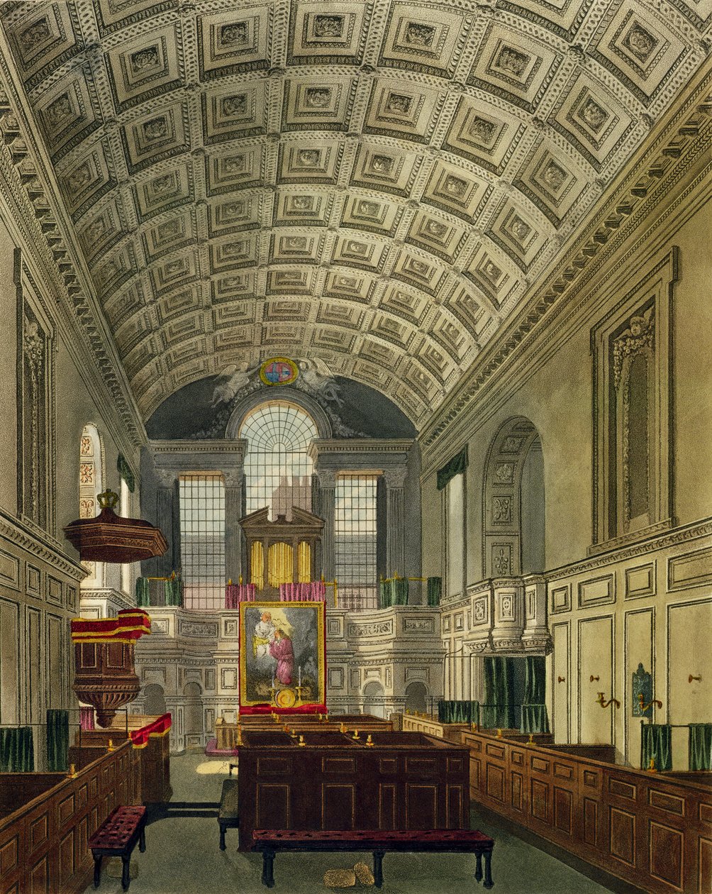 A német kápolna, Szent Jakab-palota, a "The History of the Royal Residences" című műből, metszette Daniel Havell (1785-1826), William Henry Pyne (1769-1843), 1819. alkotó: Charles Wild