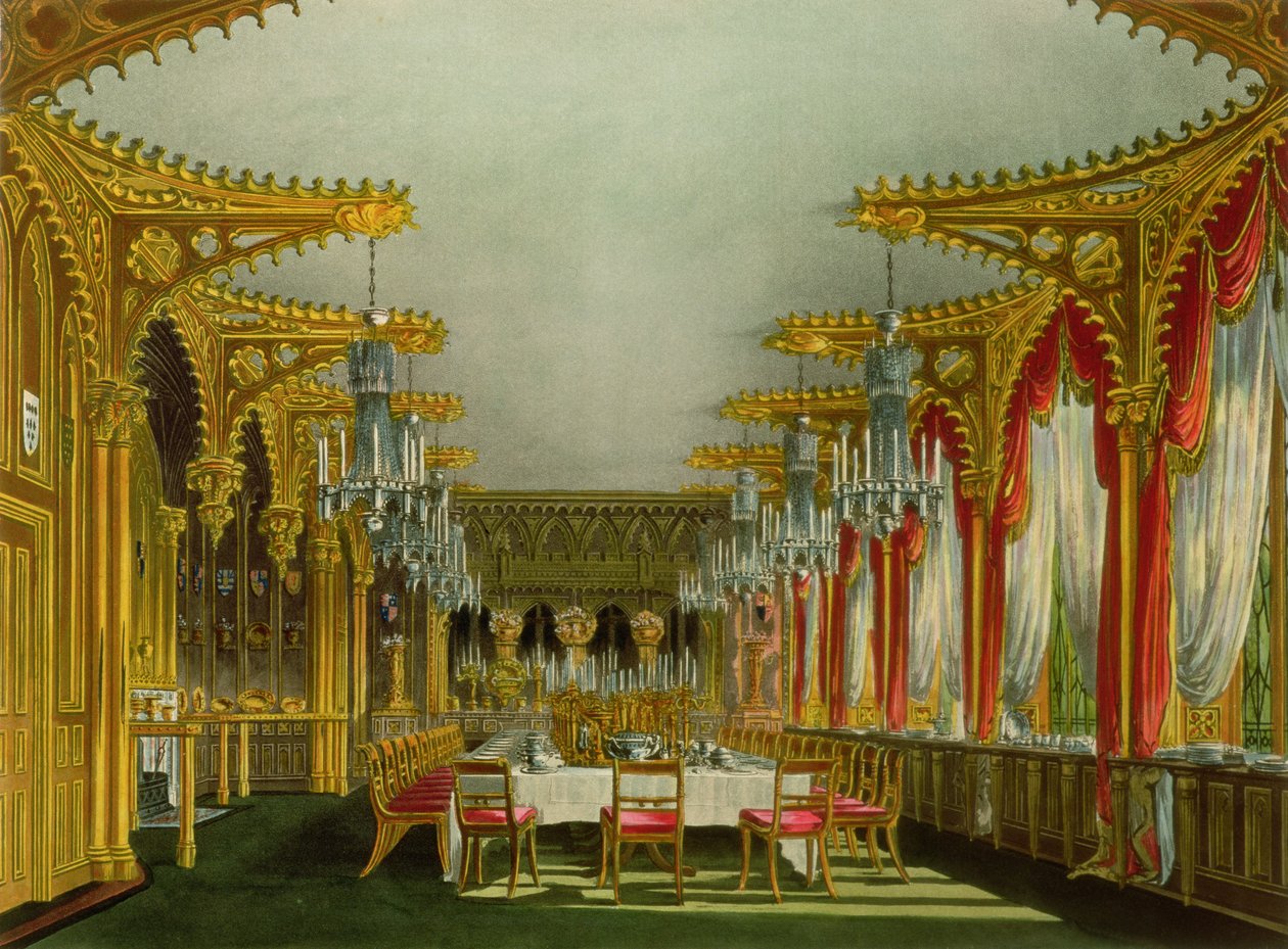 A gótikus étkező a Carlton House-ban Pyne királyi rezidenciáiból, Thomas Sutherland (sz. 1785) metszetéből, 1819-ben kiadva. alkotó: Charles Wild