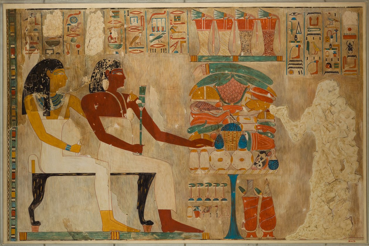 Rekhmire vezír és édesanyja, Meryt ételáldozatokkal, 1928 körül (tempera papíron) alkotó: Charles Wilkinson