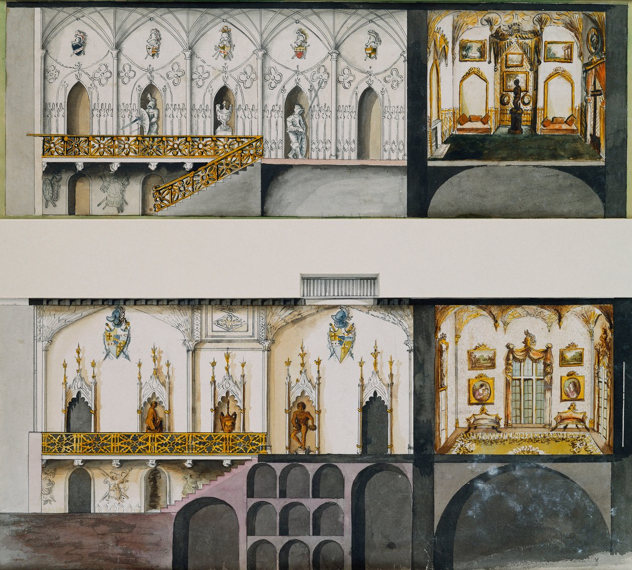Alternatív projektek a teremben, galériában és rajzban – Charleville Castle terme: szekciók (toll és tinta, valamint w/c papíron) alkotó: Charles William Bury