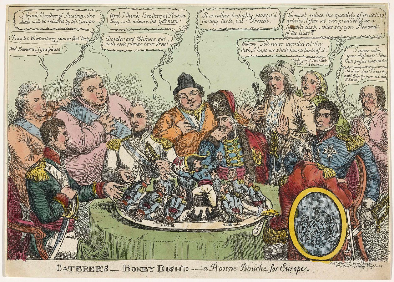 Vendéglátók – Boney Dishd – a Bonne Bouche Európának, pub. 1813 (kézzel színezett metszet) alkotó: Charles Williams