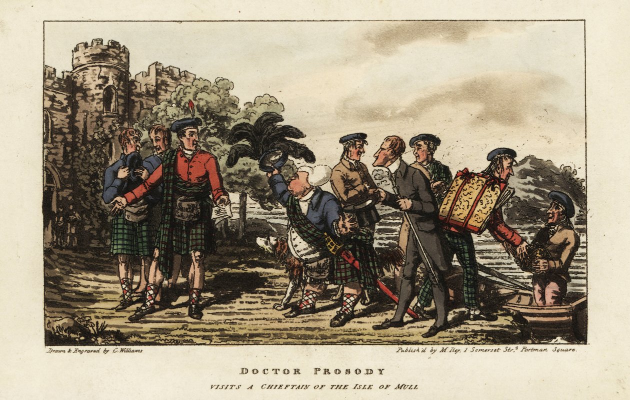 Angol turista tartan kiltben találkozik egy klánfőnökkel egy középkori kastély előtt a skóciai Mull-szigeten, a Belső-Hebridákon alkotó: Charles Williams