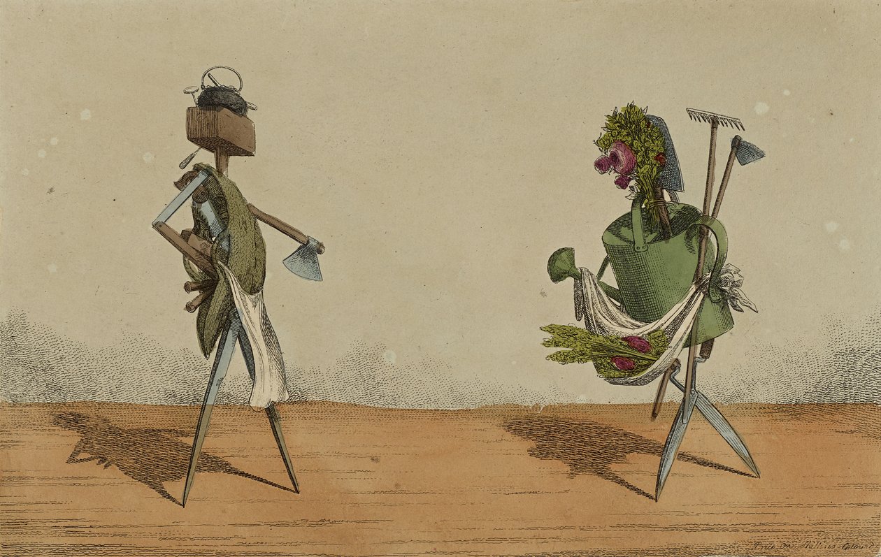 Animált munkaeszközök, 2. tábla, Nagy-Britannia ácsainak és kertészeinek szentelve, 1811 körül (kézzel színezett rézkarc) alkotó: Charles Williams