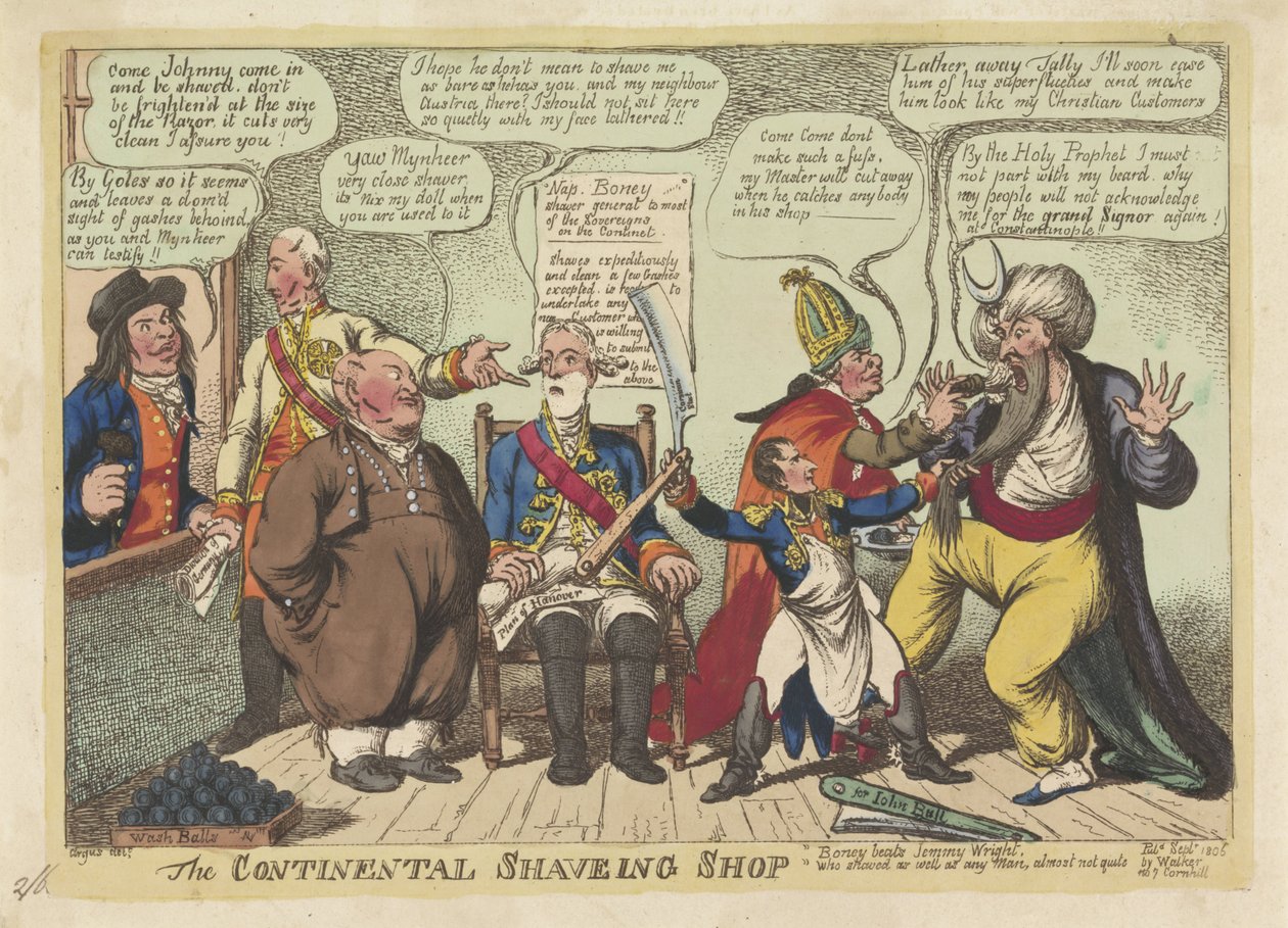 Napóleon az európai hatalmak borbélya, 1806 The Continental Shaving Shop (cím a tárgyon) alkotó: Charles Williams